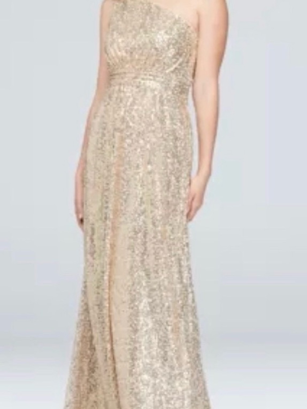 David's Bridal One-Shoulder Gold Sequin Gown (Short Girl Friendly)